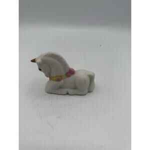 Mini Ceramic Unicorn Figurine 3” Laying White Gold Horn Floral Garland